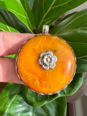 Ethnic Tibetan Silver Pendant With Auspicious Floral Carving & Amber Resin 38gr